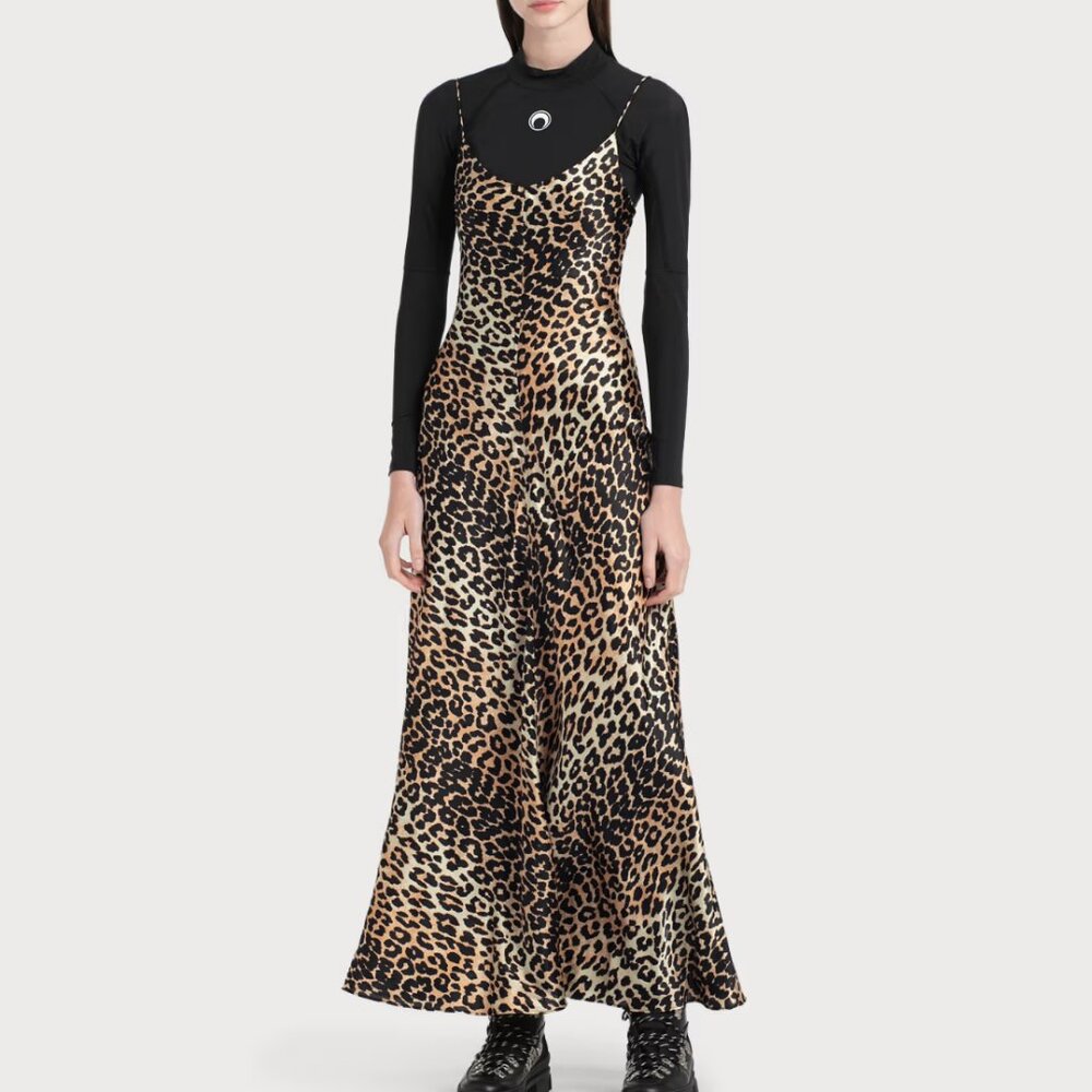 GANNI MAXI SILK LEOPARD SLIP DRESS
